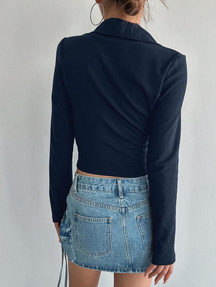 Iris Solid Half Zip Crop Long Sleeve Tee - Navy Blue