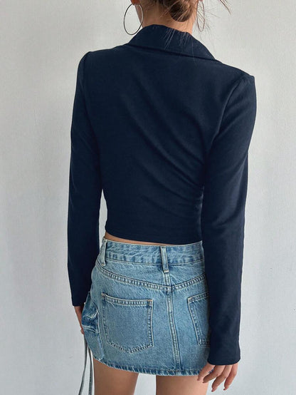 Iris Solid Half Zip Crop Long Sleeve Tee - Navy Blue