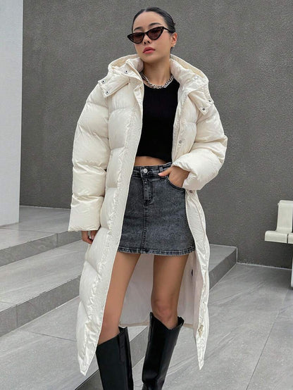 Corinne Long Hooded Puffer Coat with Zip Front and Pockets - Cream