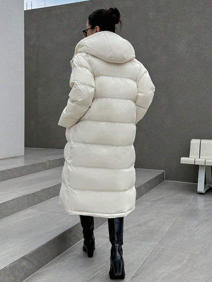 Corinne Long Hooded Puffer Coat with Zip Front and Pockets - Cream