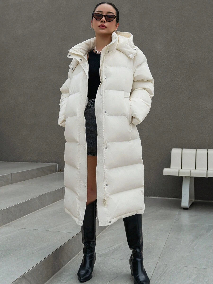 Corinne Long Hooded Puffer Coat with Zip Front and Pockets - Cream