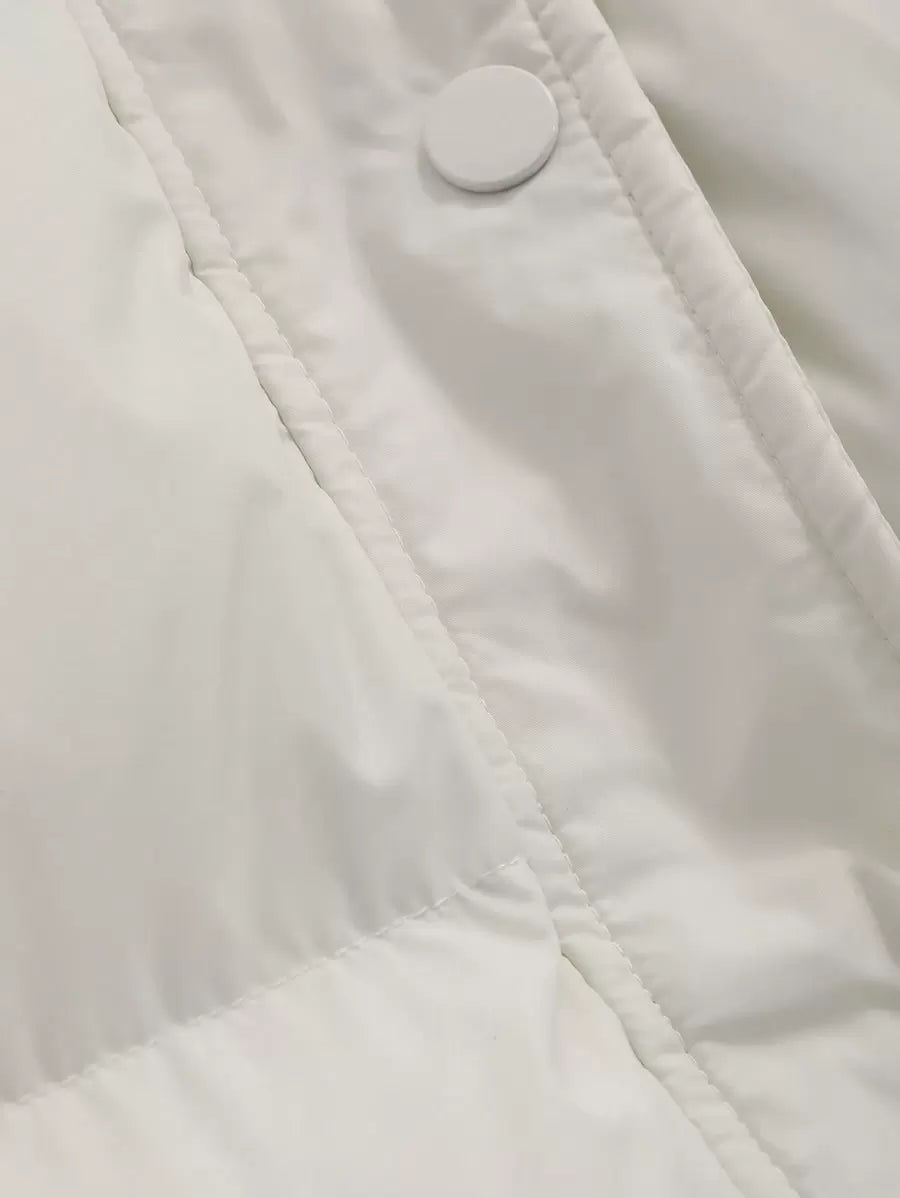 Corinne Long Hooded Puffer Coat with Zip Front and Pockets - Cream