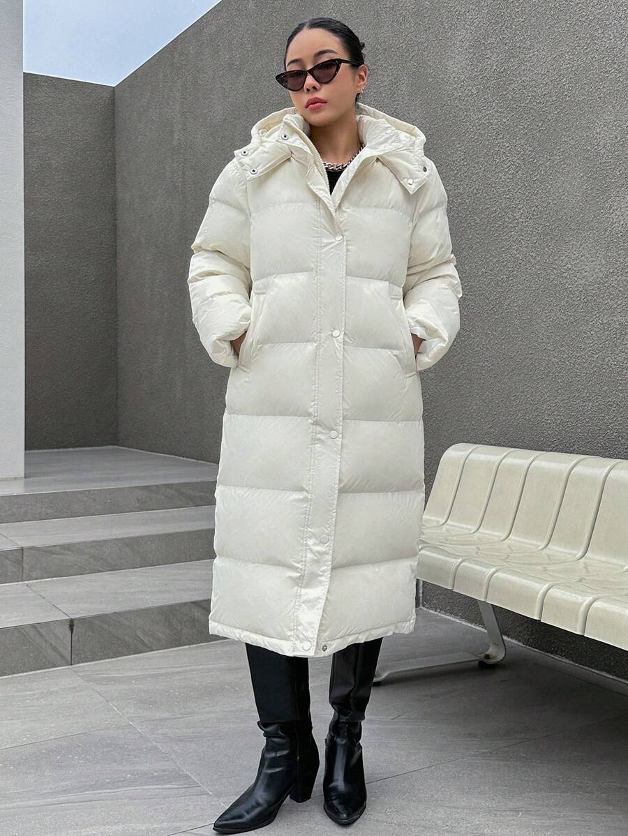 Corinne Long Hooded Puffer Coat with Zip Front and Pockets - Cream