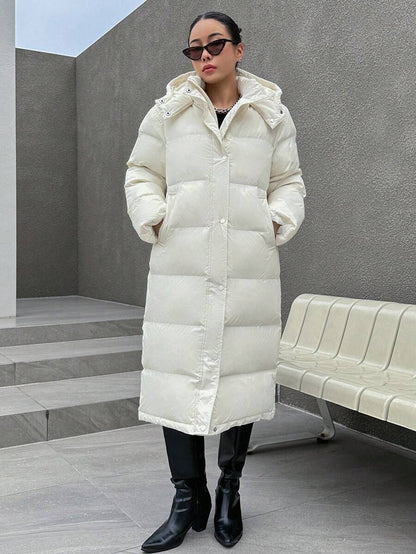 Corinne Long Hooded Puffer Coat with Zip Front and Pockets - Cream