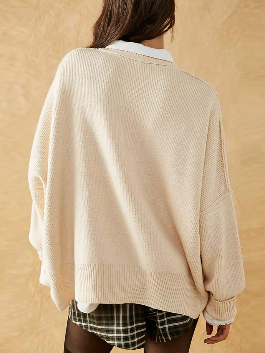 Josette Mock Neck Oversized Split Hem Drop Shoulder Sweater - Cream