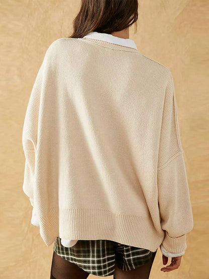 Josette Mock Neck Oversized Split Hem Drop Shoulder Sweater - Cream