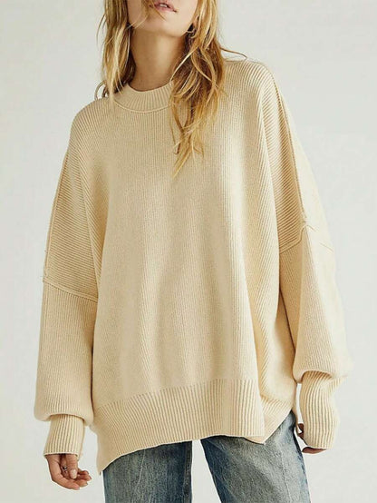 Josette Mock Neck Oversized Split Hem Drop Shoulder Sweater - Cream