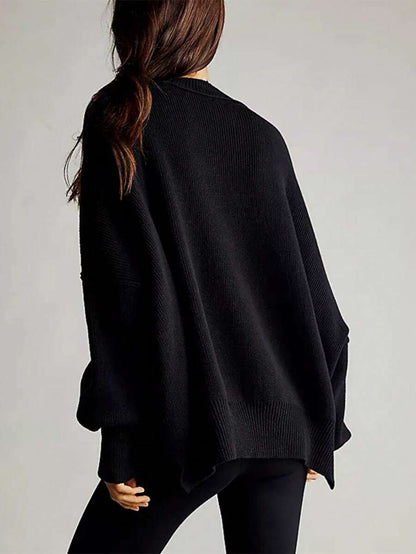 Josette Mock Neck Oversized Split Hem Drop Shoulder Sweater - Black