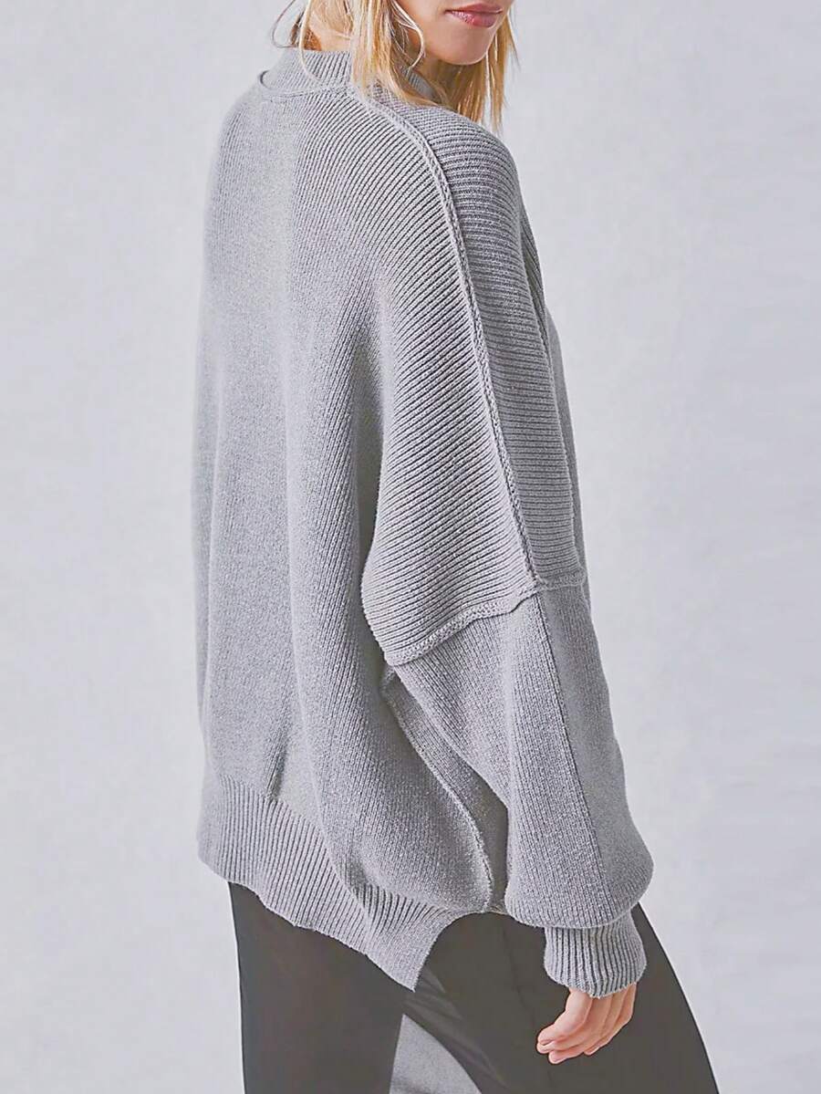 Josette Mock Neck Oversized Split Hem Drop Shoulder Sweater - Heather Grey