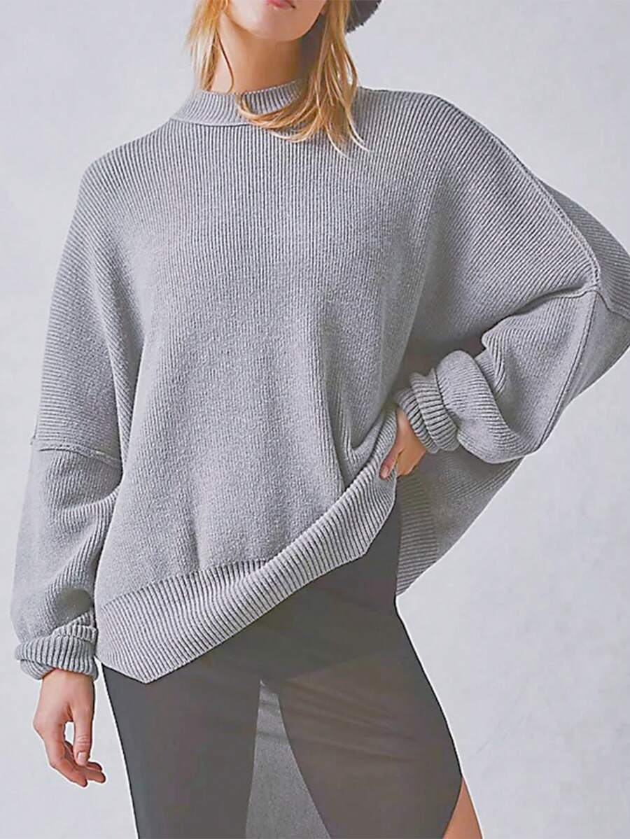 Josette Mock Neck Oversized Split Hem Drop Shoulder Sweater - Heather Grey