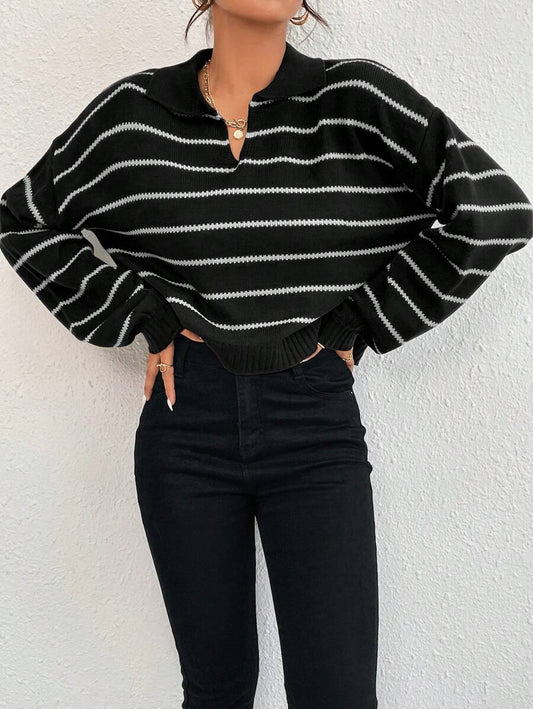Liora Striped Drop-Shoulder Polo Knit Sweater Fall - Black and White view 1