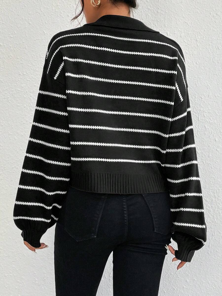 Liora Striped Drop-Shoulder Polo Knit Sweater Fall - Black and White view 2