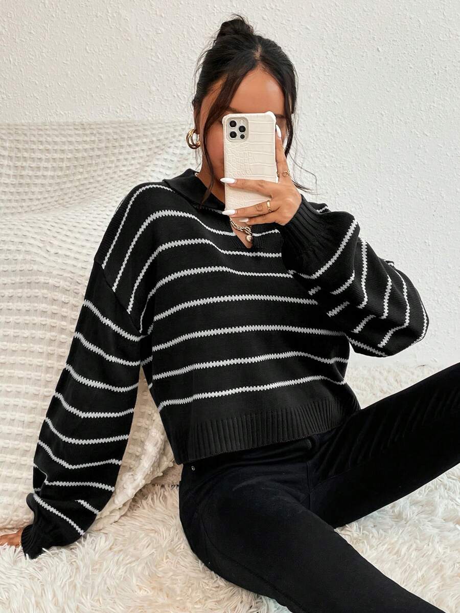 Liora Striped Drop-Shoulder Polo Knit Sweater Fall - Black and White view 3
