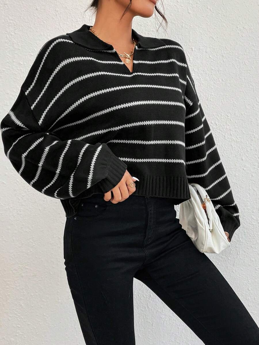 Liora Striped Drop-Shoulder Polo Knit Sweater Fall - Black and White view 4