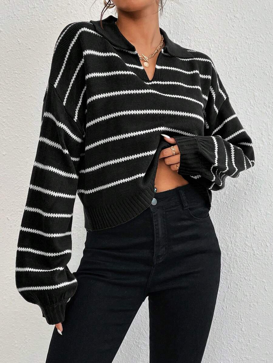 Liora Striped Drop-Shoulder Polo Knit Sweater Fall - Black and White view 5