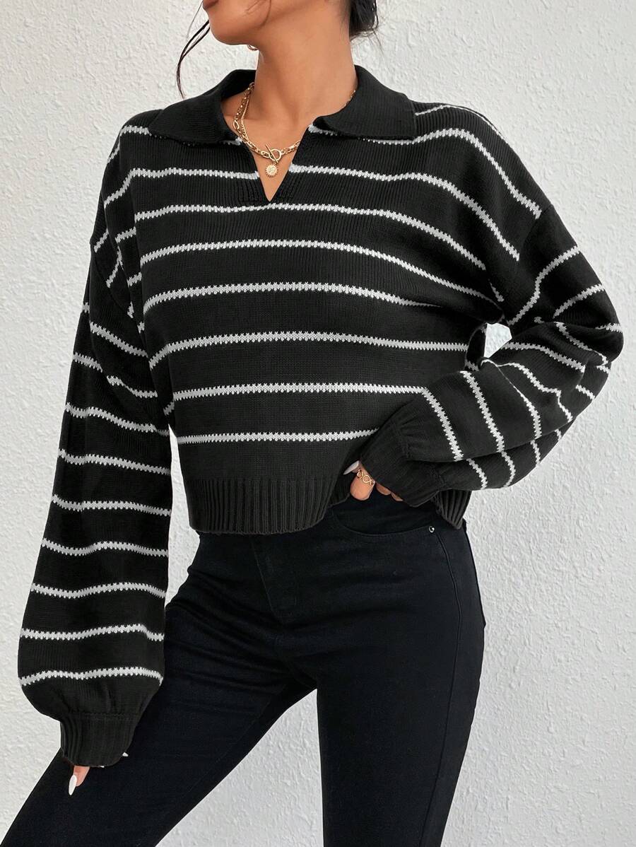 Liora Striped Drop-Shoulder Polo Knit Sweater Fall - Black and White view 6