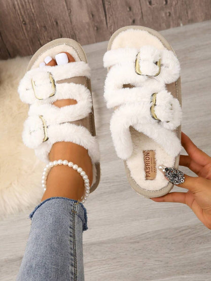 Fall/Winter Women's House Slippers With Belt Buckle, Plush Open Toe Indoor Home Shoes,Fluffy Slippers Mensa