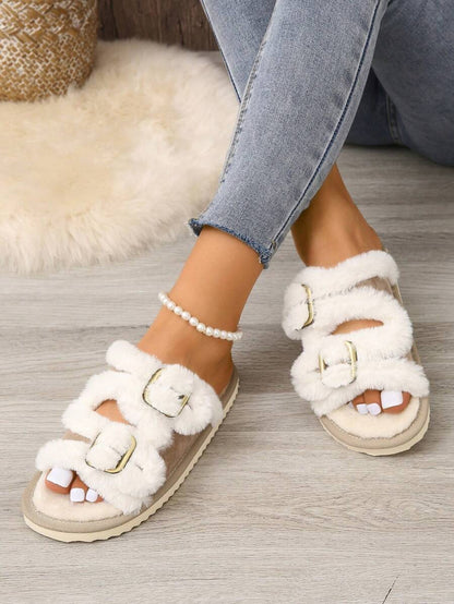 Fall/Winter Women's House Slippers With Belt Buckle, Plush Open Toe Indoor Home Shoes,Fluffy Slippers Mensa