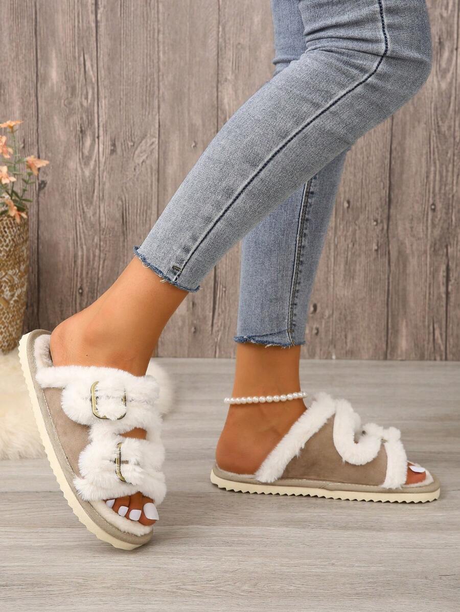 Fall/Winter Women's House Slippers With Belt Buckle, Plush Open Toe Indoor Home Shoes,Fluffy Slippers Mensa