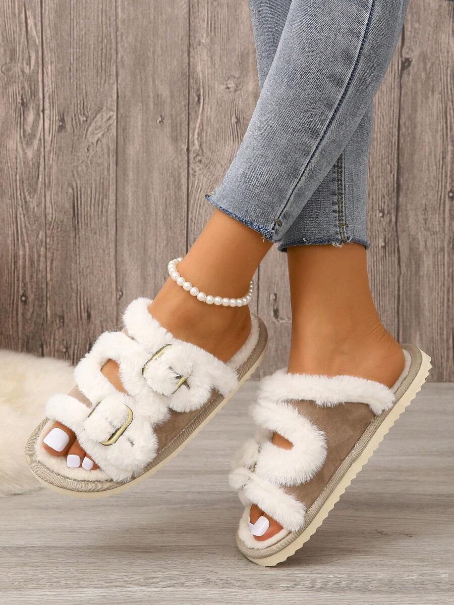 Fall/Winter Women's House Slippers With Belt Buckle, Plush Open Toe Indoor Home Shoes,Fluffy Slippers Mensa
