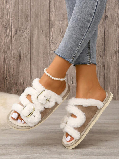 Fall/Winter Women's House Slippers With Belt Buckle, Plush Open Toe Indoor Home Shoes,Fluffy Slippers Mensa