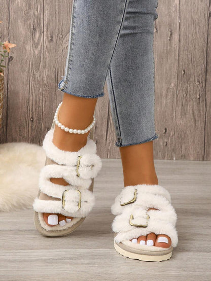 Fall/Winter Women's House Slippers With Belt Buckle, Plush Open Toe Indoor Home Shoes,Fluffy Slippers Mensa