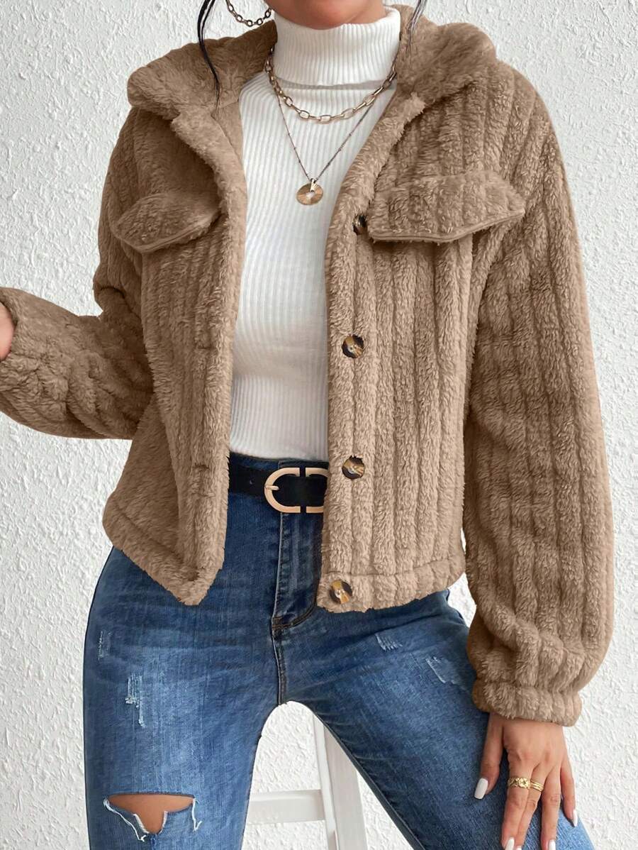 Fiona Flap Detail Fluffy Jacket - Brown