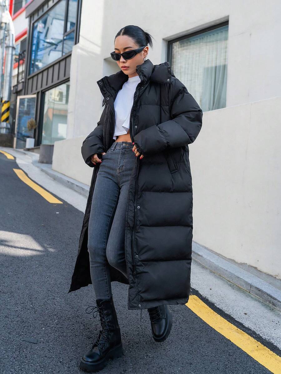 Corinne Long Hooded Puffer Coat with Zip Front and Pockets - Black
