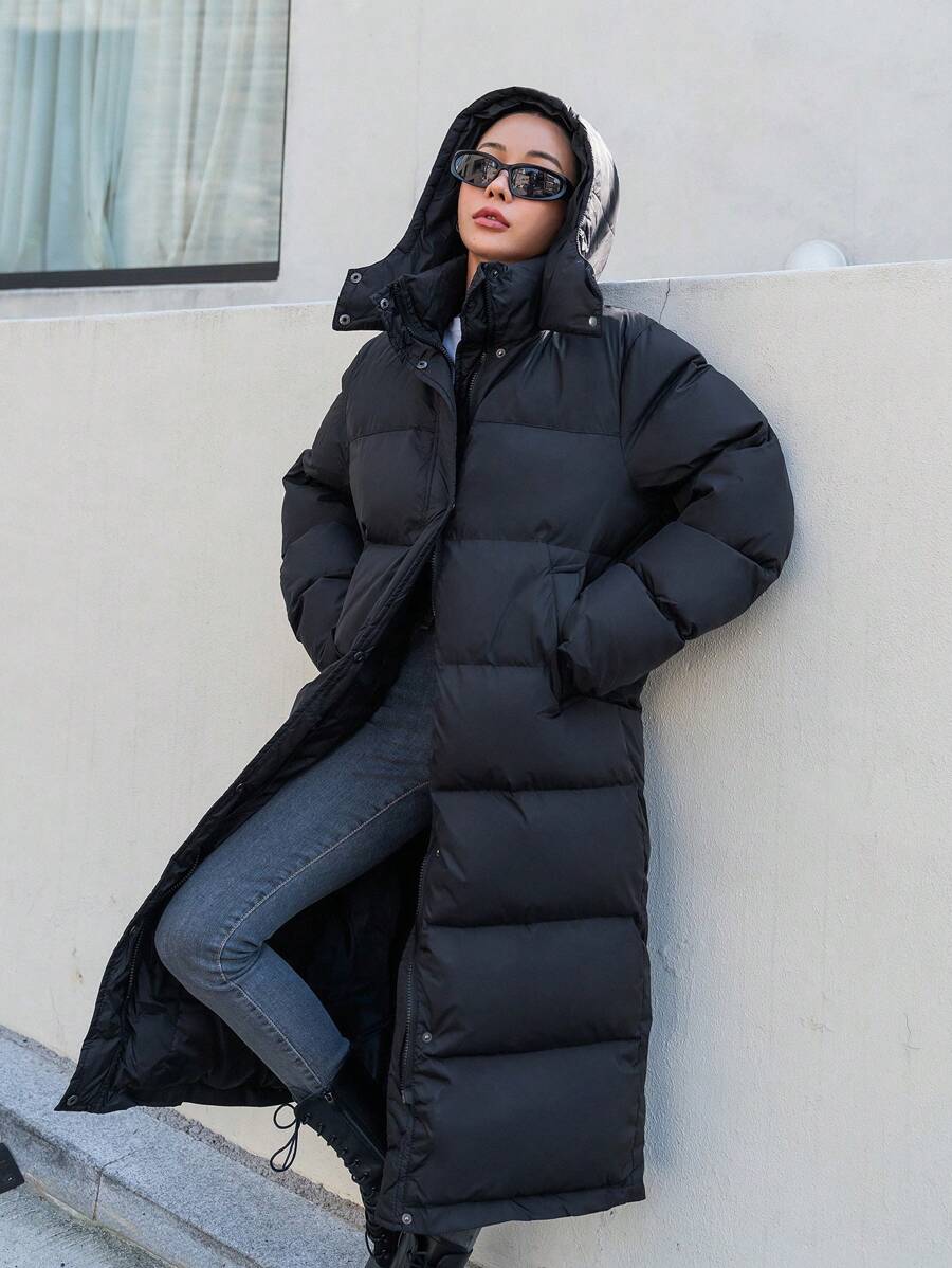Corinne Long Hooded Puffer Coat with Zip Front and Pockets - Black
