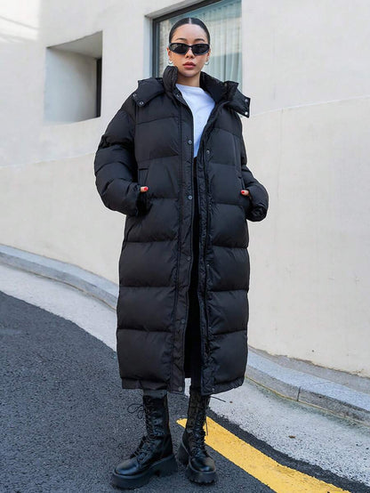 Corinne Long Hooded Puffer Coat with Zip Front and Pockets - Black