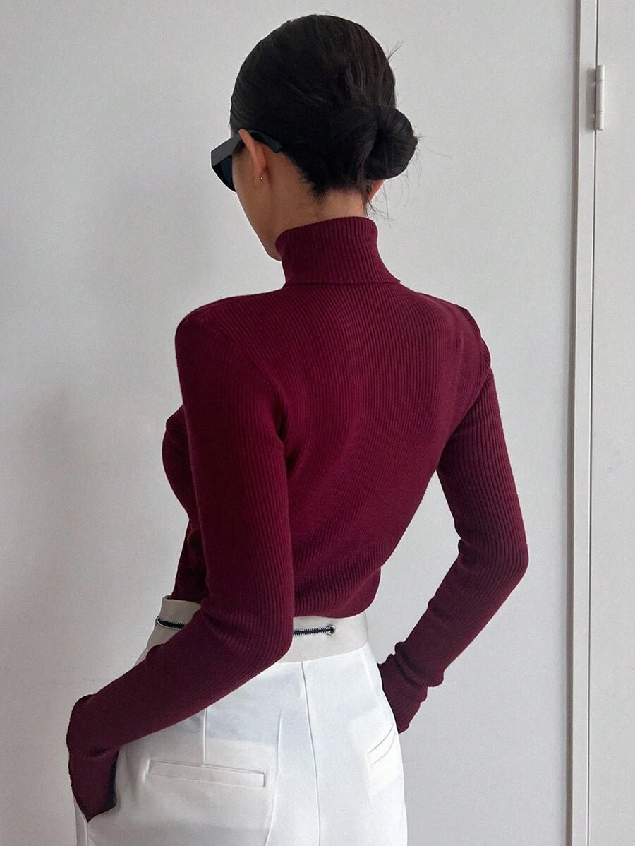 Tamsin Fitted Ribbed Turtleneck Sweater Long Sleeve Pullover - Burgundy
