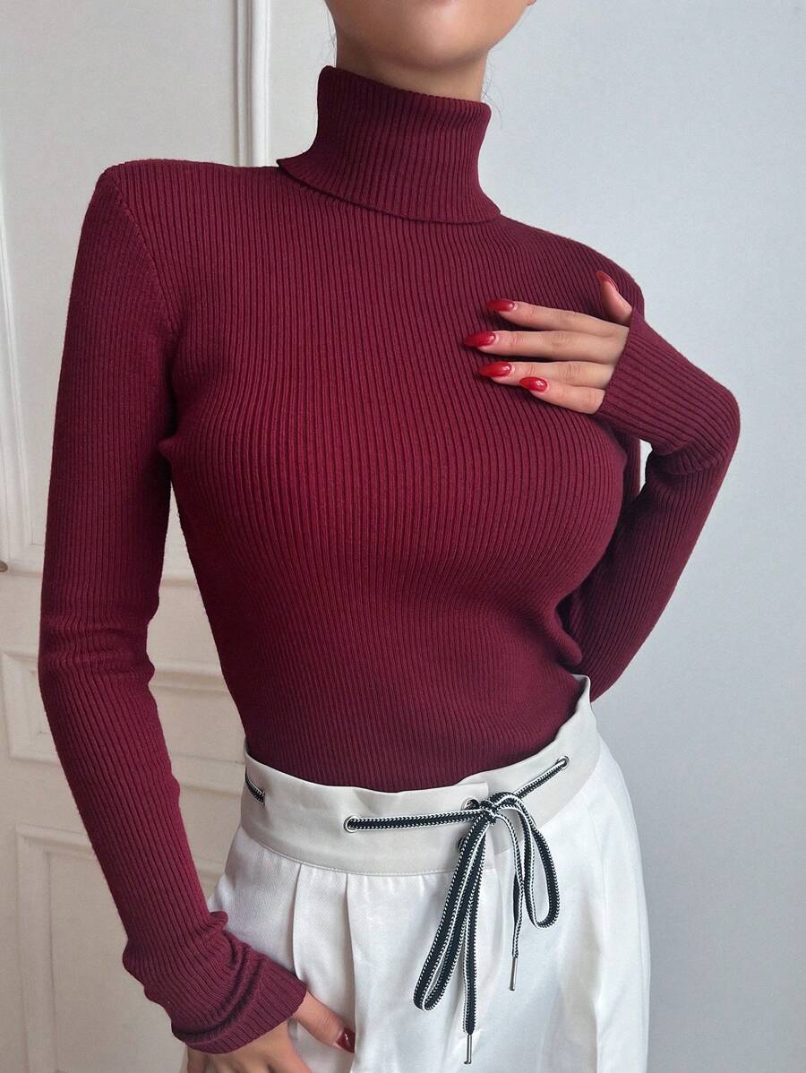 Tamsin Fitted Ribbed Turtleneck Sweater Long Sleeve Pullover - Burgundy