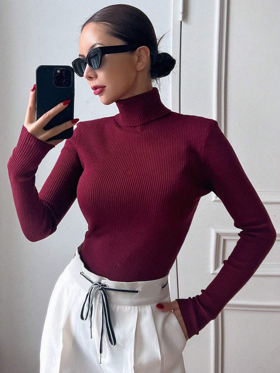 Tamsin Fitted Ribbed Turtleneck Sweater Long Sleeve Pullover - Burgundy