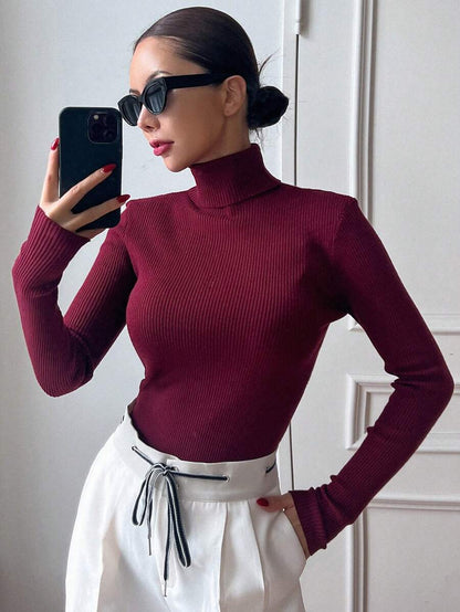 Tamsin Fitted Ribbed Turtleneck Sweater Long Sleeve Pullover - Burgundy