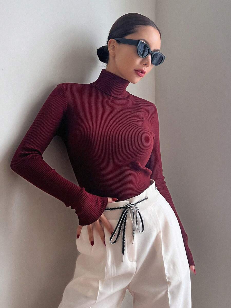 Tamsin Fitted Ribbed Turtleneck Sweater Long Sleeve Pullover - Burgundy