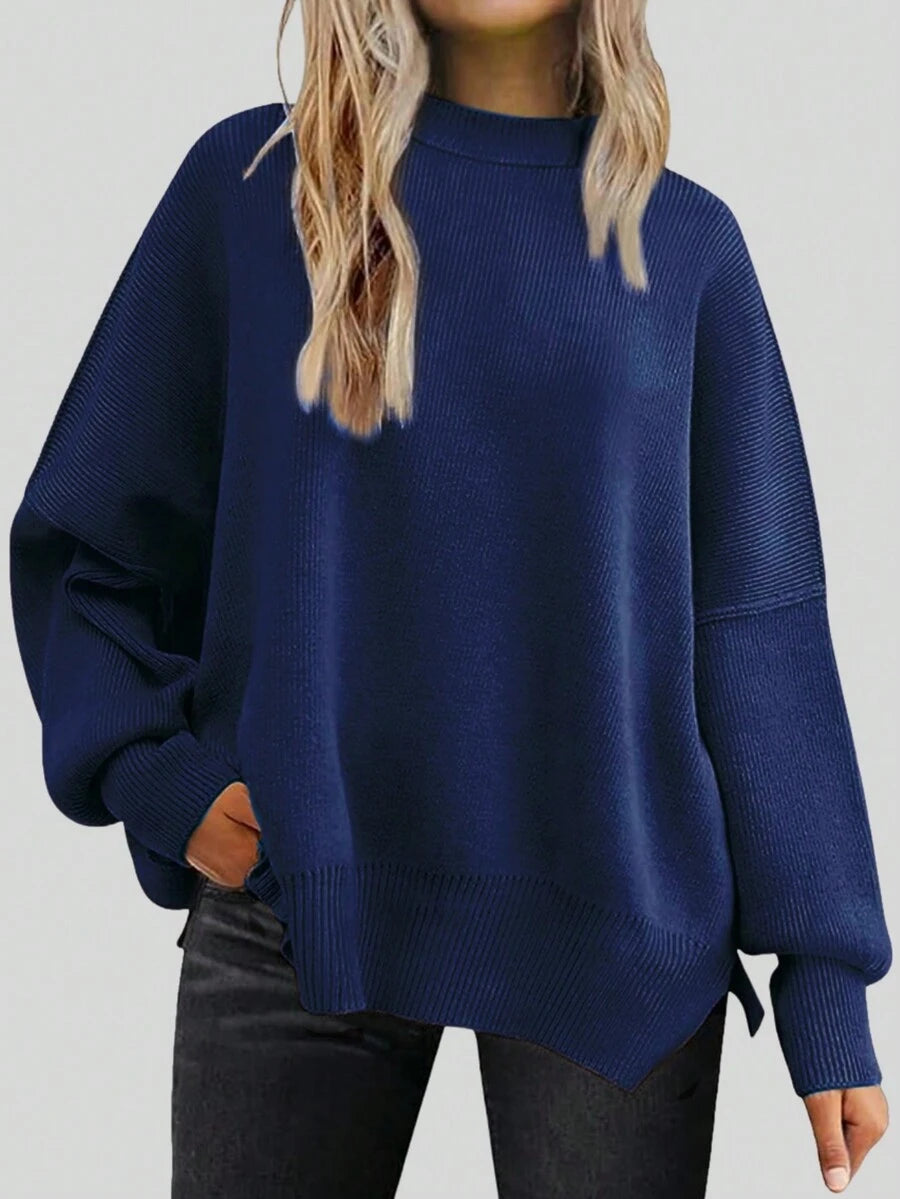 Josette Mock Neck Oversized Split Hem Drop Shoulder Sweater - Navy Blue