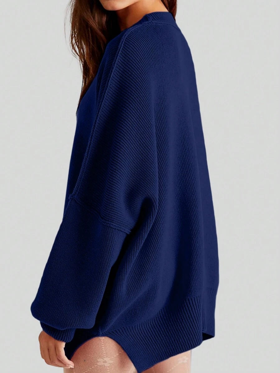 Josette Mock Neck Oversized Split Hem Drop Shoulder Sweater - Navy Blue