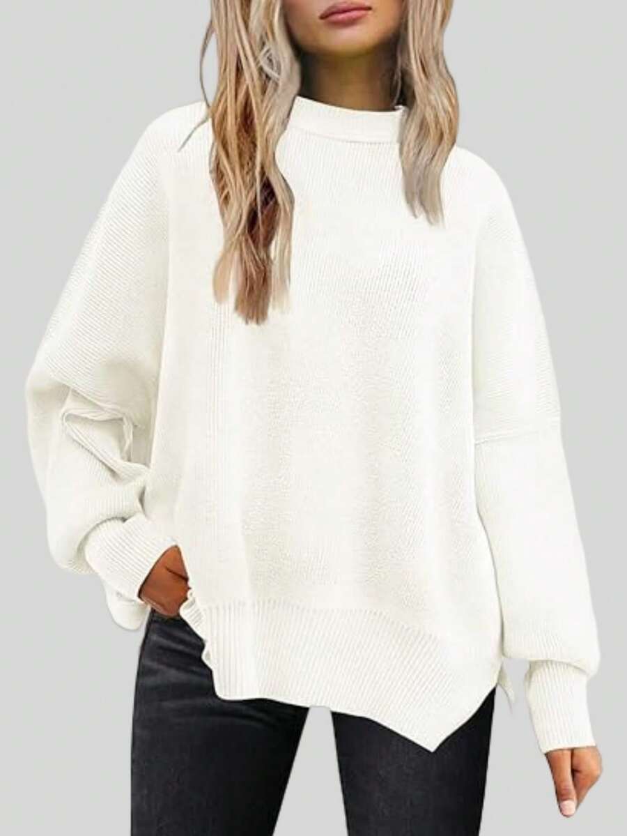 Josette Mock Neck Oversized Split Hem Drop Shoulder Sweater - White