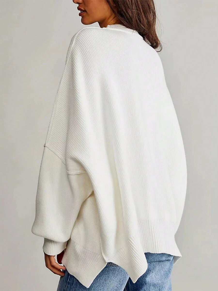 Josette Mock Neck Oversized Split Hem Drop Shoulder Sweater - White