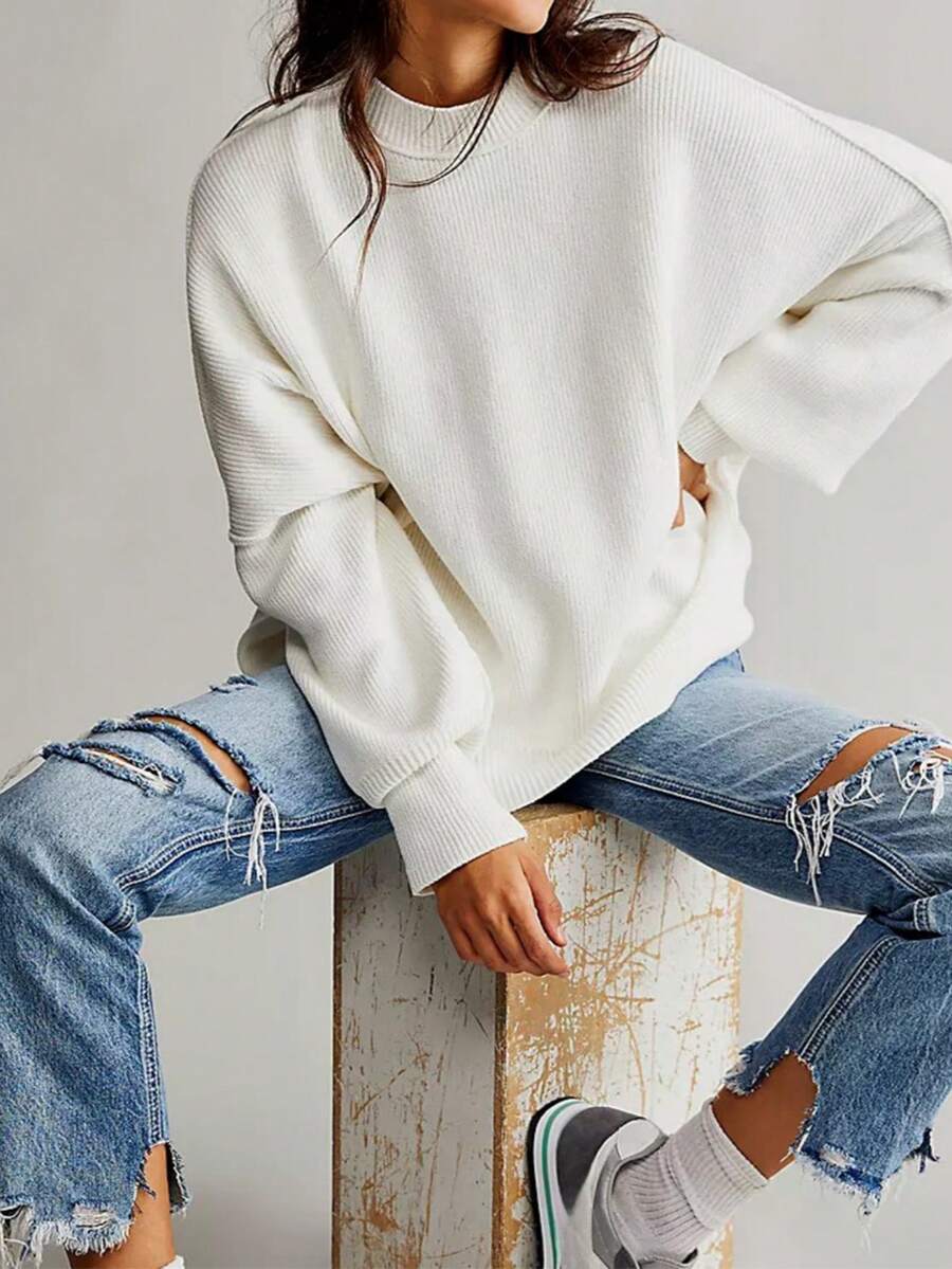 Josette Mock Neck Oversized Split Hem Drop Shoulder Sweater - White