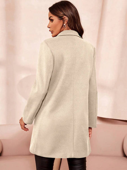 Aveline Double-Breasted Lapel Coat with Tailored Thigh-Length Cut - Khaki