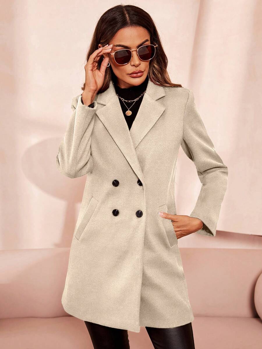 Aveline Double-Breasted Lapel Coat with Tailored Thigh-Length Cut - Brown