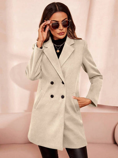 Aveline Double-Breasted Lapel Coat with Tailored Thigh-Length Cut - Brown