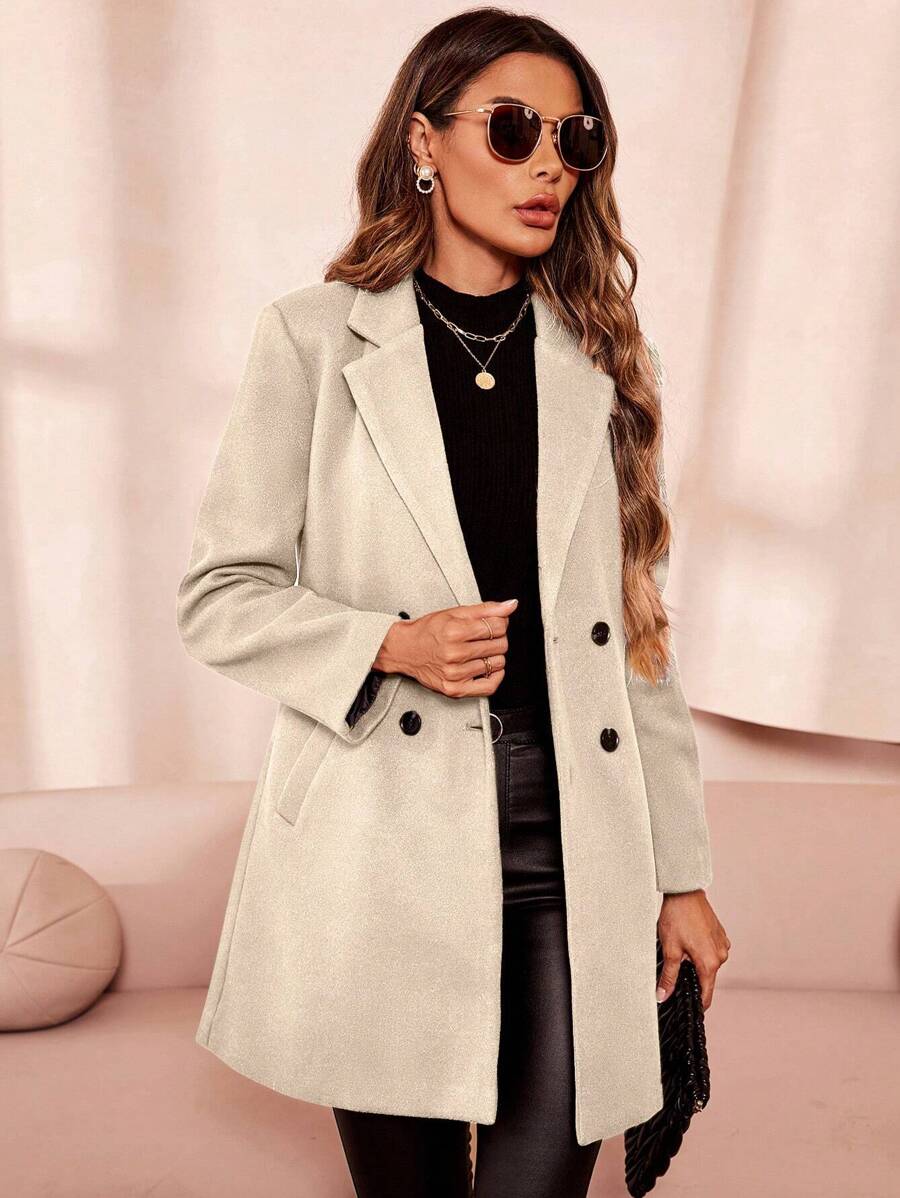 Aveline Double-Breasted Lapel Coat with Tailored Thigh-Length Cut - Apricot