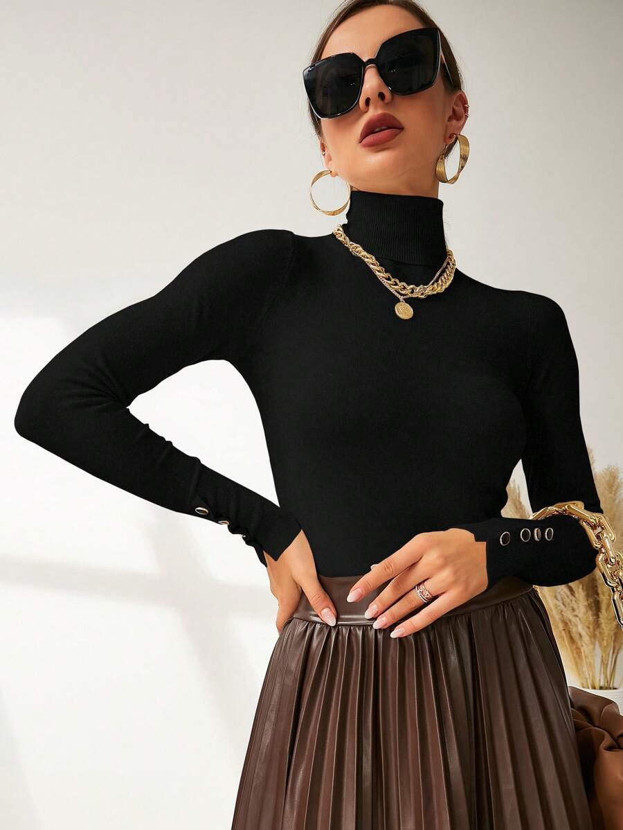 Leuven Ribbed Mock Neck Fitted Sweater with Button Cuffs