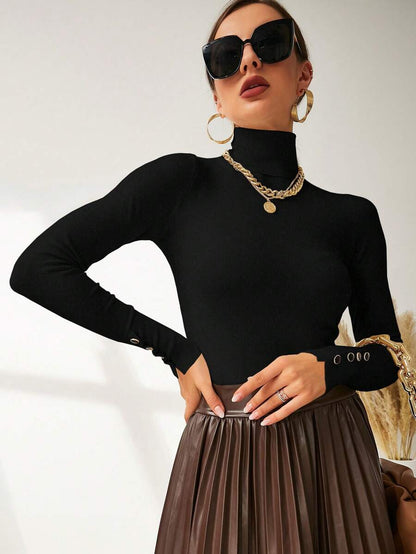 Leuven Ribbed Mock Neck Fitted Sweater with Button Cuffs