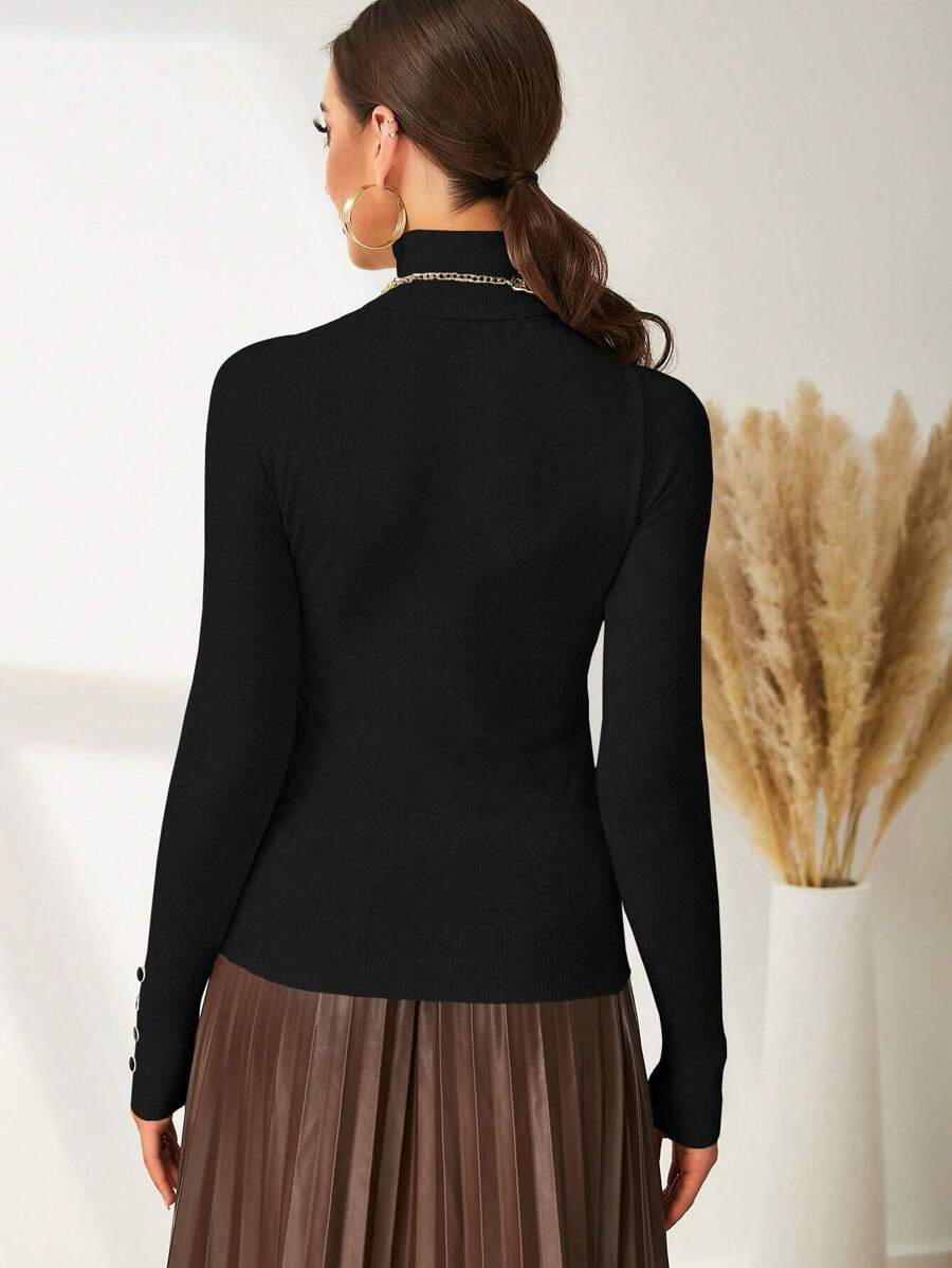 Leuven Ribbed Mock Neck Fitted Sweater with Button Cuffs