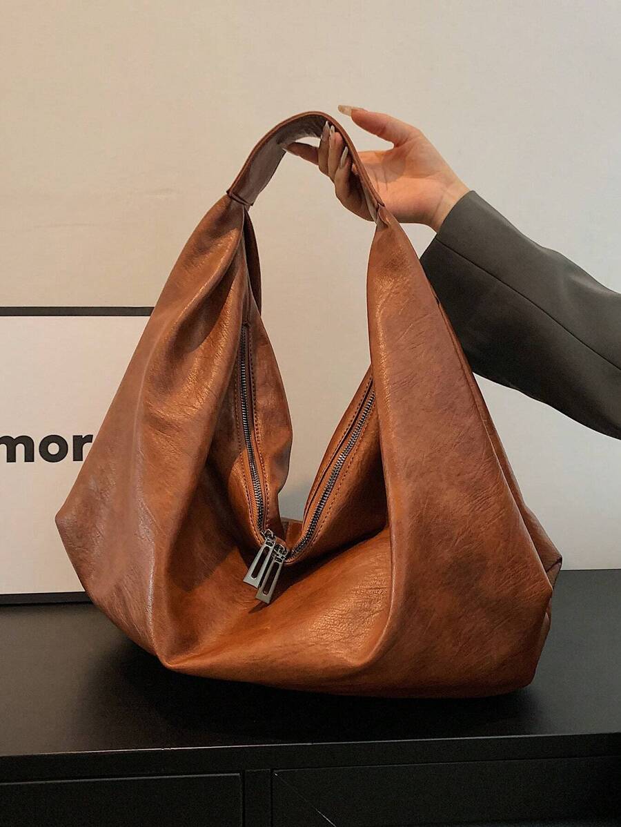 Women's Slouchy Hobo Shoulder Bag, Faux Suede Zip Top Purse for Everyday and Travel