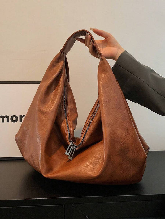 Women's Slouchy Hobo Shoulder Bag, Faux Suede Zip Top Purse for Everyday and Travel