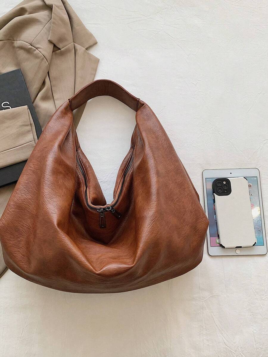 Women's Slouchy Hobo Shoulder Bag, Faux Suede Zip Top Purse for Everyday and Travel